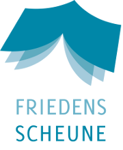 Logo der Friedensscheune: Ein Buch mit geffneten Seiten, das zugleich an ein Dach und entfernt an eine fliegende Taube erinnert